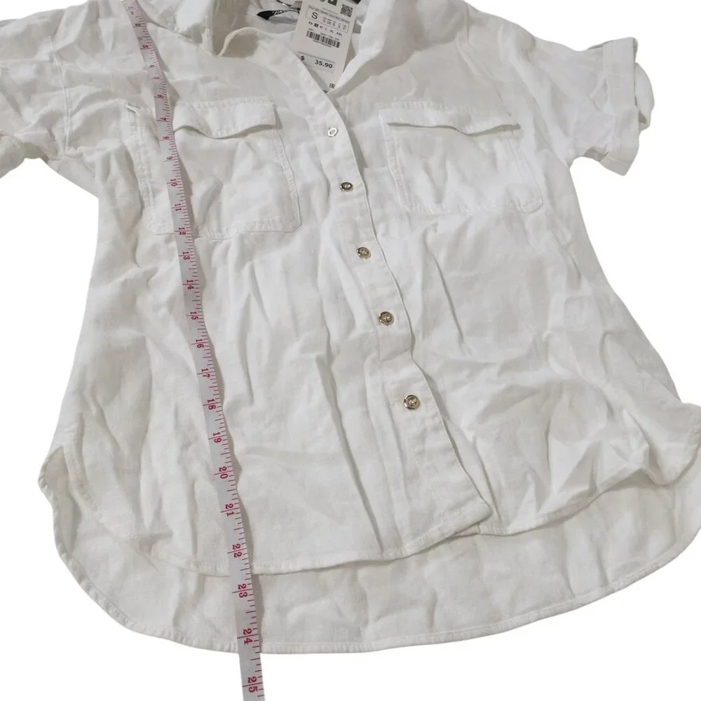Zara White Button Down Short Sleeve Top SZ S Gold Buttons Front Pockets - Picture 8 of 11